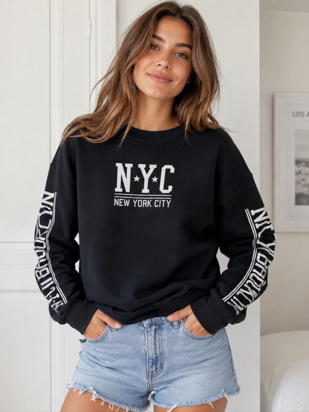 NYC Brooklyn Graphic Crewneck Sweatshirt Black Streetwear XS